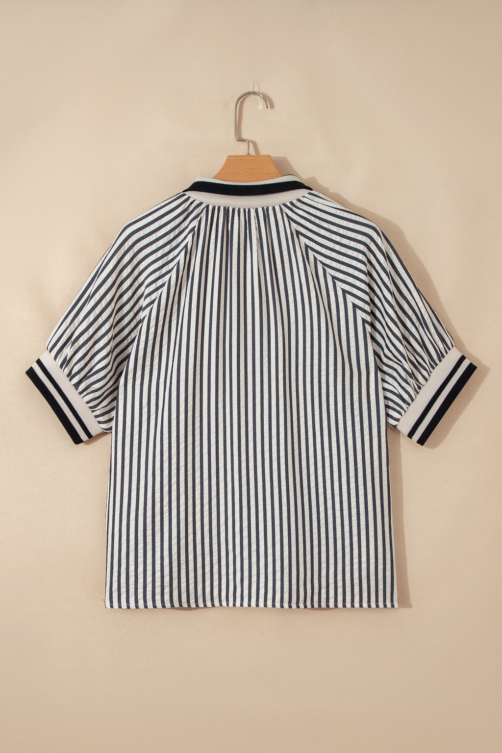 Black Stripe Polo Collar Blouse with Half Zip and Short Puff Sleeves, made of polyester and viscose, by Dear-Lover.