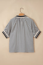 Black Stripe Polo Collar Blouse with Half Zip and Short Puff Sleeves, made of polyester and viscose, by Dear-Lover.