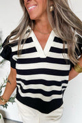 Black stripe collar V-neck blouse by Dear-Lover with ruffled short sleeves, 95% cotton, 5% elastane, stylish and comfortable.