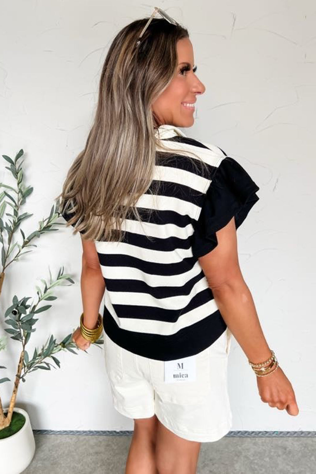 Black stripe collar V-neck blouse with ruffled short sleeves, made of cotton and elastane, by Dear-Lover.