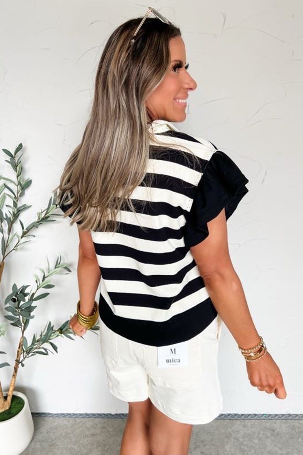 Black stripe collar V-neck blouse with ruffled short sleeves, made of cotton and elastane, by Dear-Lover.