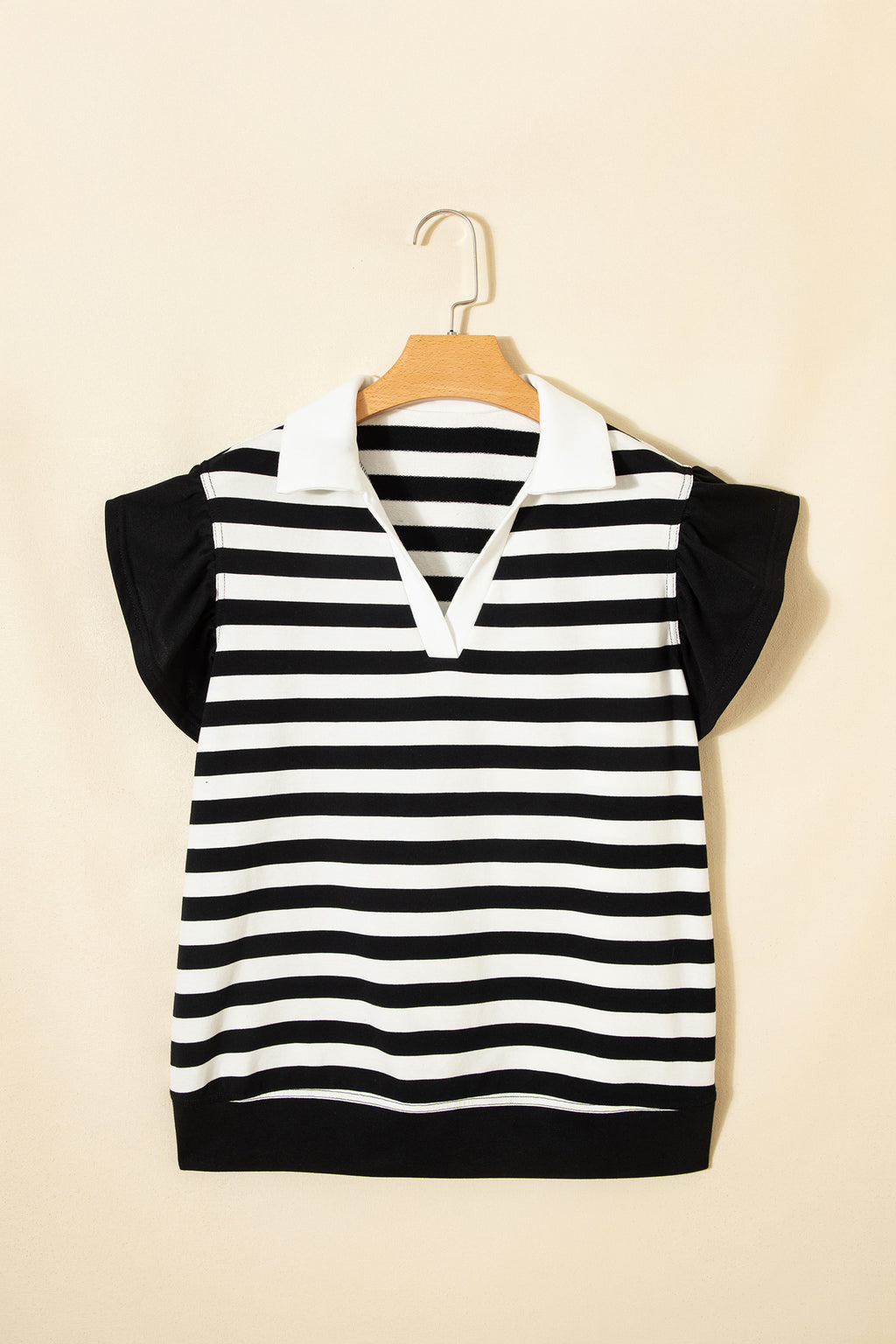 Black stripe collar V-neck ruffled short sleeve blouse from Dear-Lover, featuring a stylish design in cotton-elastane fabric.