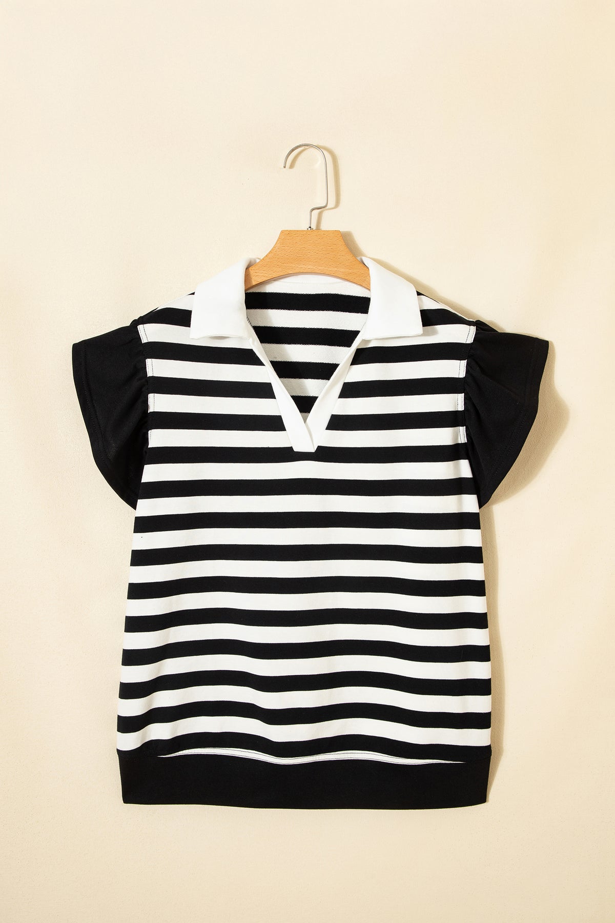 Black stripe collar V-neck ruffled short sleeve blouse from Dear-Lover, featuring a stylish design in cotton-elastane fabric.