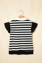 Black stripe collar V-neck blouse by Dear-Lover with ruffled short sleeves and cotton-elastane fabric, stylish and comfortable top.