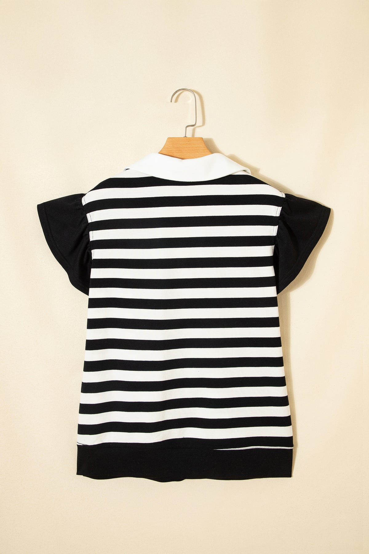 Black stripe collar V-neck blouse by Dear-Lover with ruffled short sleeves and cotton-elastane fabric, stylish and comfortable top.