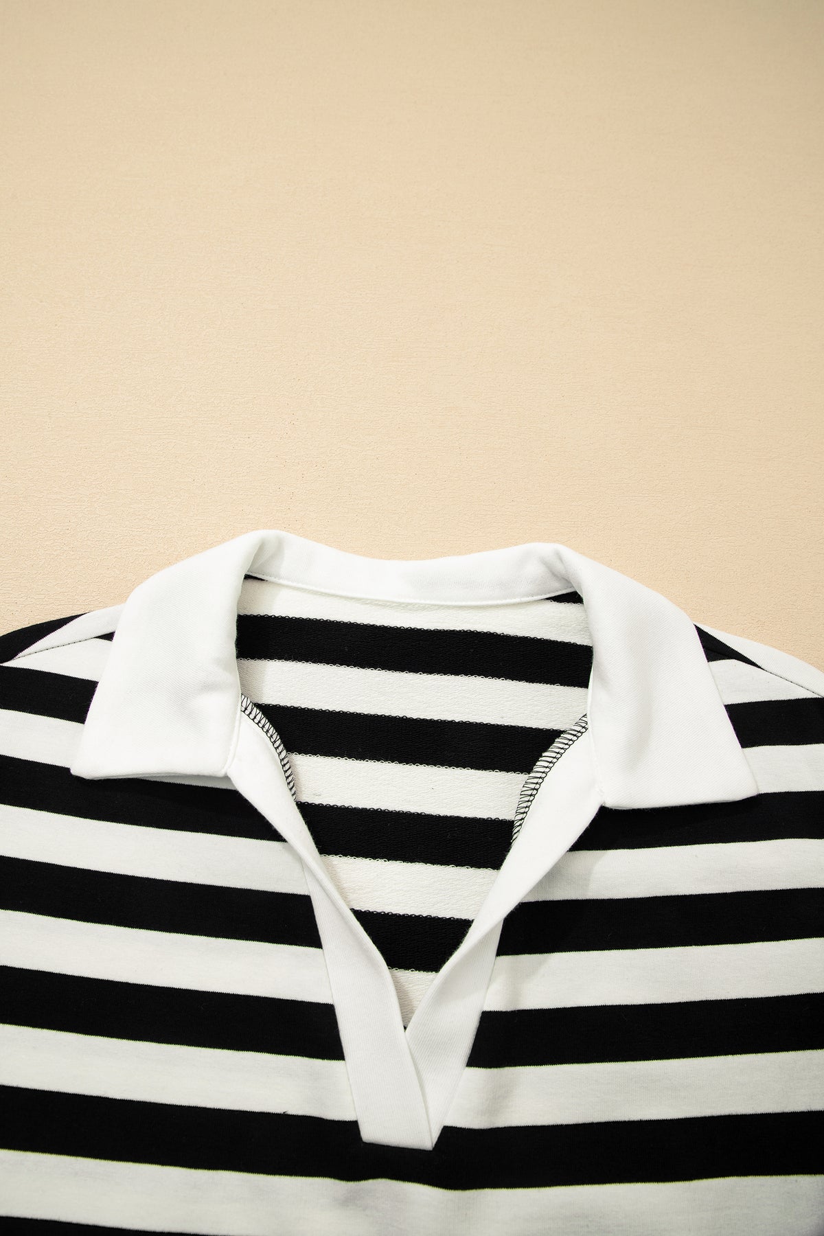 Black stripe collar V-neck ruffled short sleeve blouse by Dear-Lover, featuring a stylish design and comfortable cotton-elastane fabric.