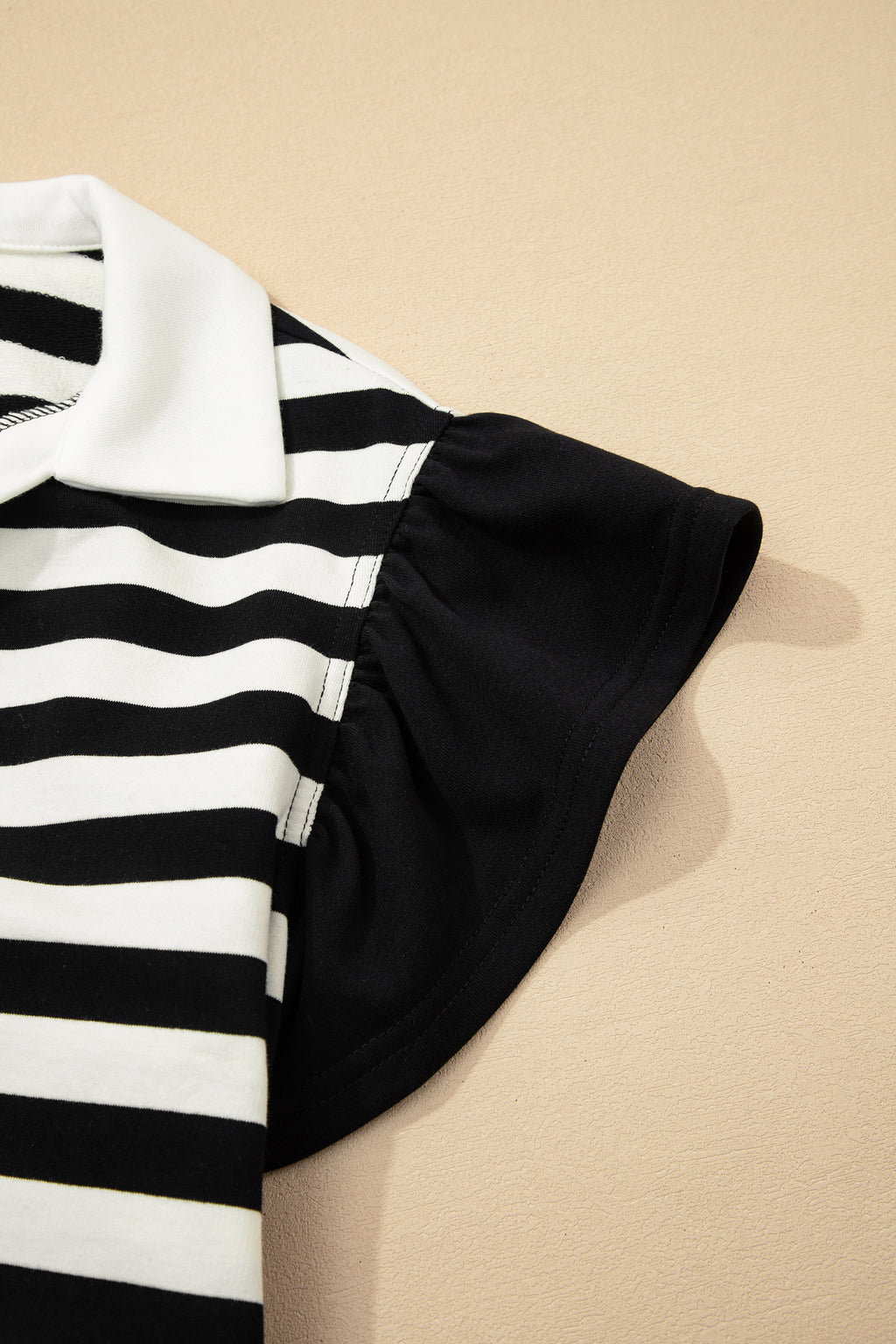 Black stripe collar V-neck blouse by Dear-Lover with ruffled short sleeves and cotton-elastane fabric, stylish and comfortable top.