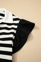 Black stripe collar V-neck blouse by Dear-Lover with ruffled short sleeves and cotton-elastane fabric, stylish and comfortable top.
