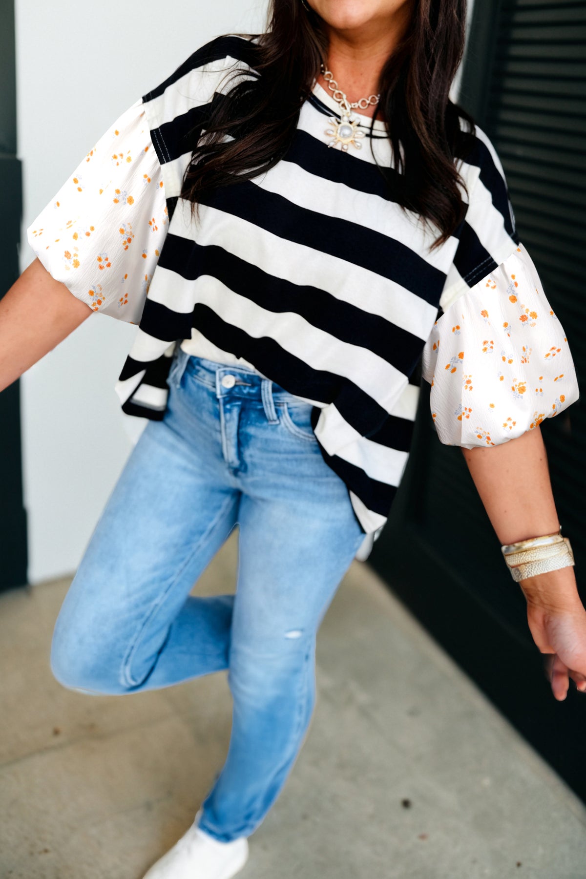 Black stripe floral print puff sleeve patchwork blouse by Dear-Lover, featuring cotton-elastane fabric and stylish design.