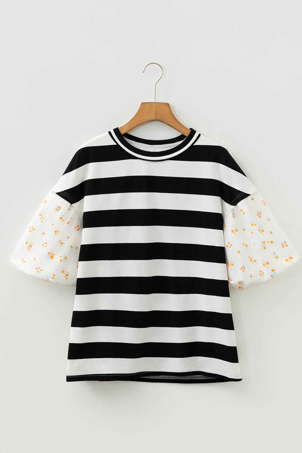 Black floral print puff sleeve blouse with black stripe pattern, patchwork design, made of cotton and elastane, by Dear-Lover.