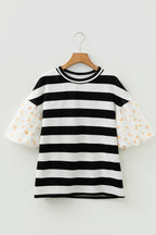 Black floral print puff sleeve blouse with black stripe pattern, patchwork design, made of cotton and elastane, by Dear-Lover.
