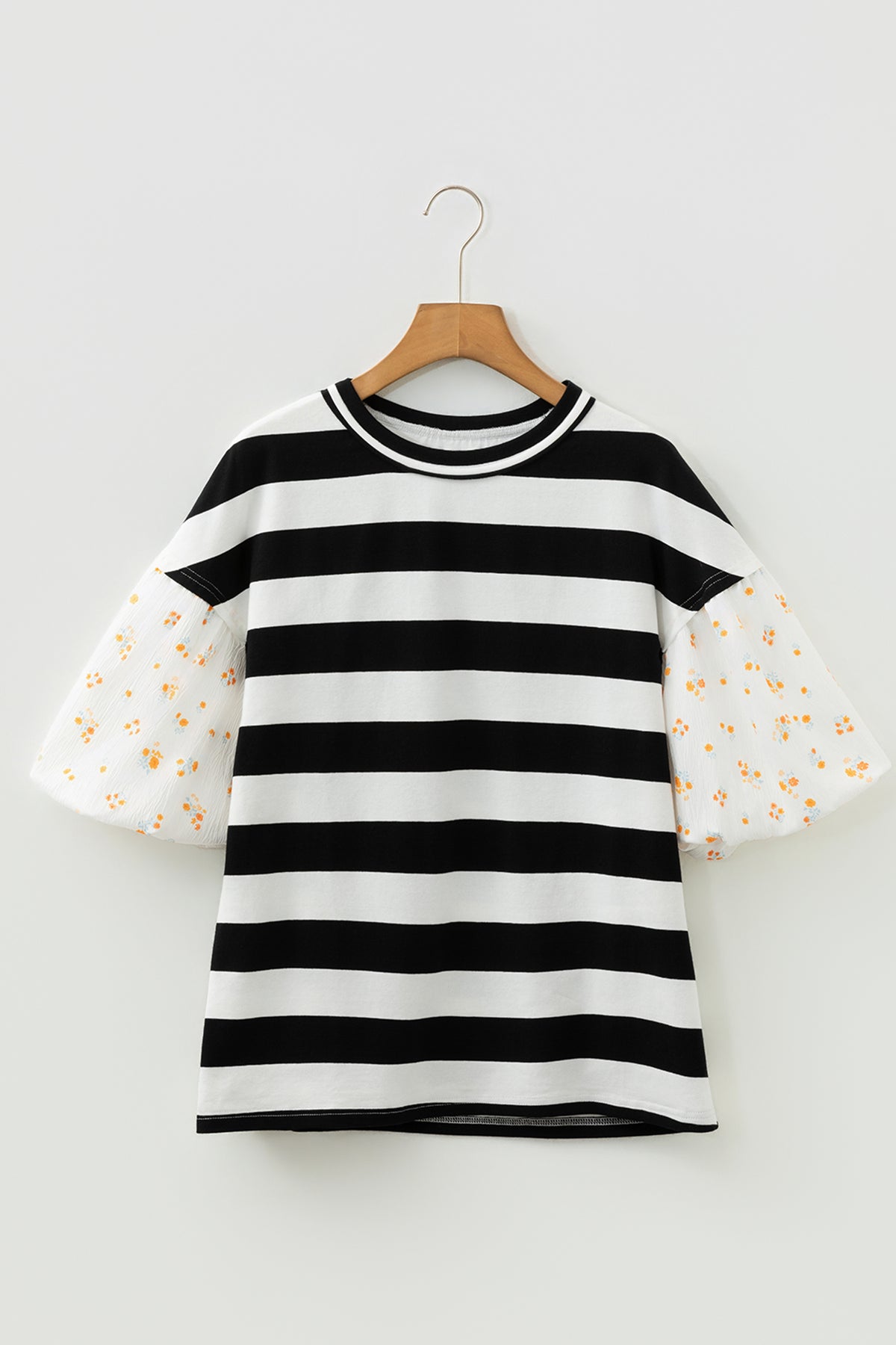 Black floral print puff sleeve blouse with black stripe pattern, patchwork design, made of cotton and elastane, by Dear-Lover.