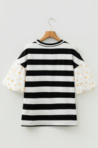 Black stripe floral print puff sleeve patchwork blouse from Dear-Lover, featuring cotton-elastane fabric and stylish puffed sleeves.