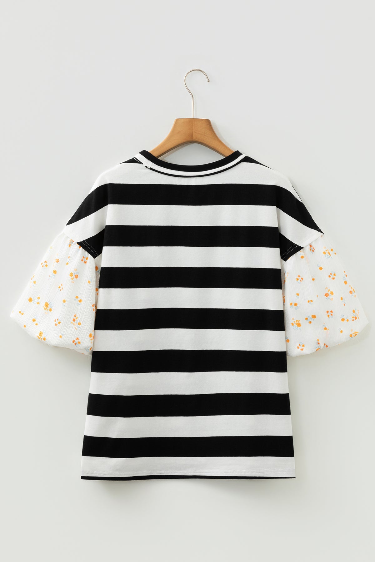 Black stripe floral print puff sleeve patchwork blouse from Dear-Lover, featuring cotton-elastane fabric and stylish puffed sleeves.