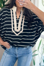 Black stripe dolman top with stand collar, V-neck, elastic cuffs, half sleeves, and 95% cotton, 5% elastane from Dear-Lover.