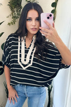 Black stripe Dolman top with stand collar, V-neck, elastic cuffs, half sleeves, made of cotton and elastane by Dear-Lover.