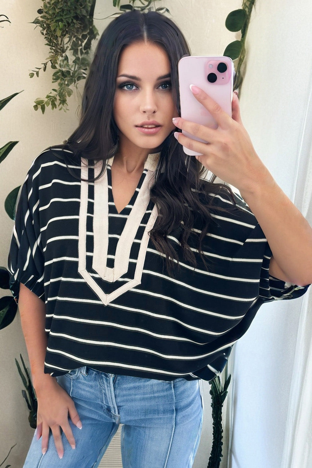 Black stripe Dolman top with stand collar, V-neck, elastic cuffs, half sleeves, made of cotton and elastane by Dear-Lover.