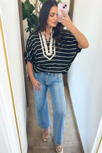 Black stripe Dolman top with stand collar, V-neck, elastic cuffs, half sleeves, made of cotton and elastane by Dear-Lover.