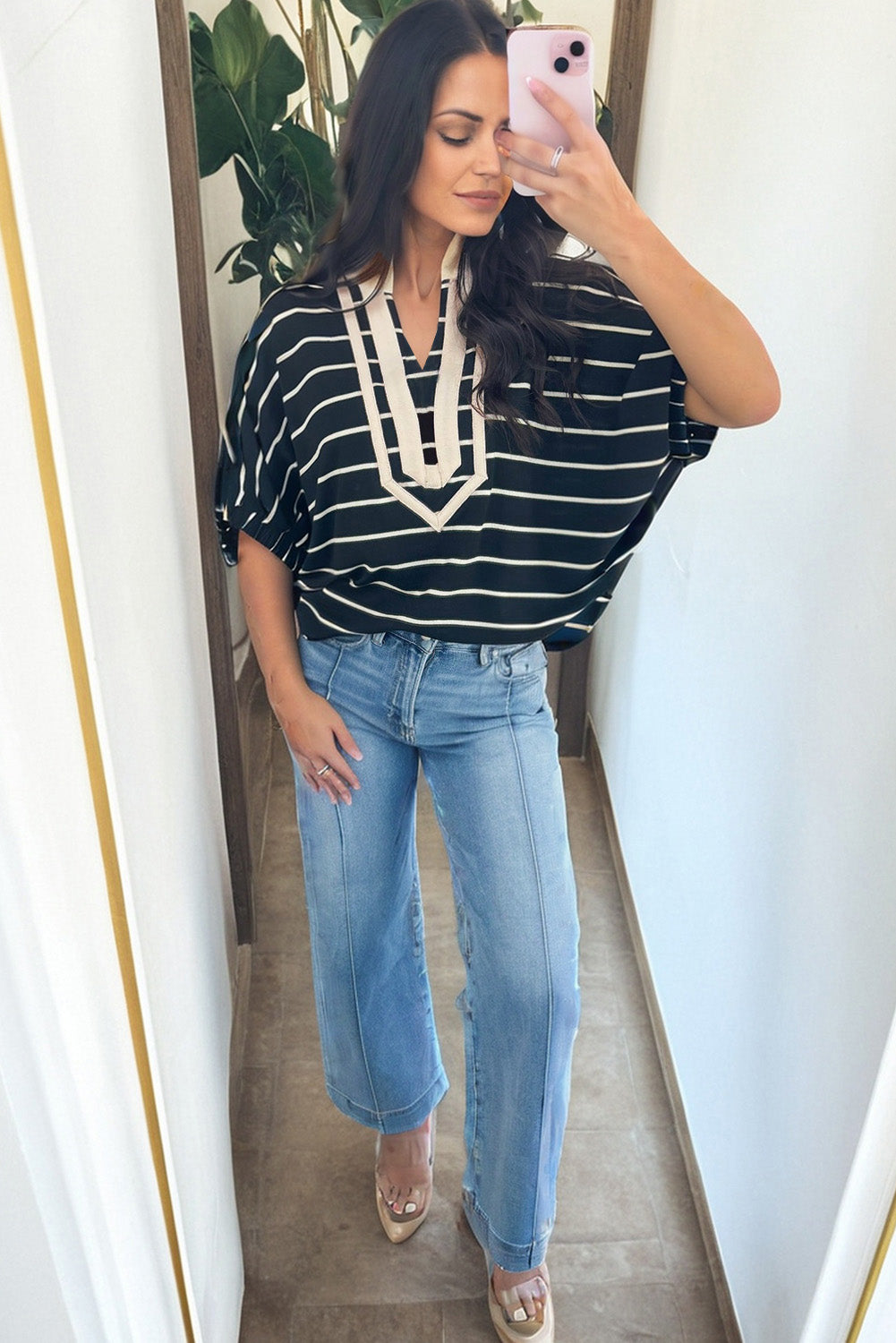 Black stripe Dolman top with stand collar, V-neck, elastic cuffs, half sleeves, made of cotton and elastane by Dear-Lover.