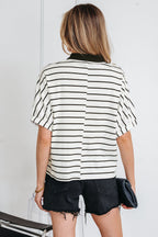 Black Stripe Dolman Top with stand collar, V-neck, elastic cuffs, and half sleeves, made of cotton and elastane.