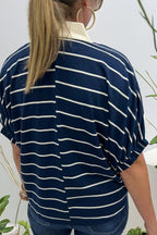 Black stripe Dolman top with stand collar, V-neck, elastic cuffs, half sleeves, made of cotton and elastane, by Dear-Lover.