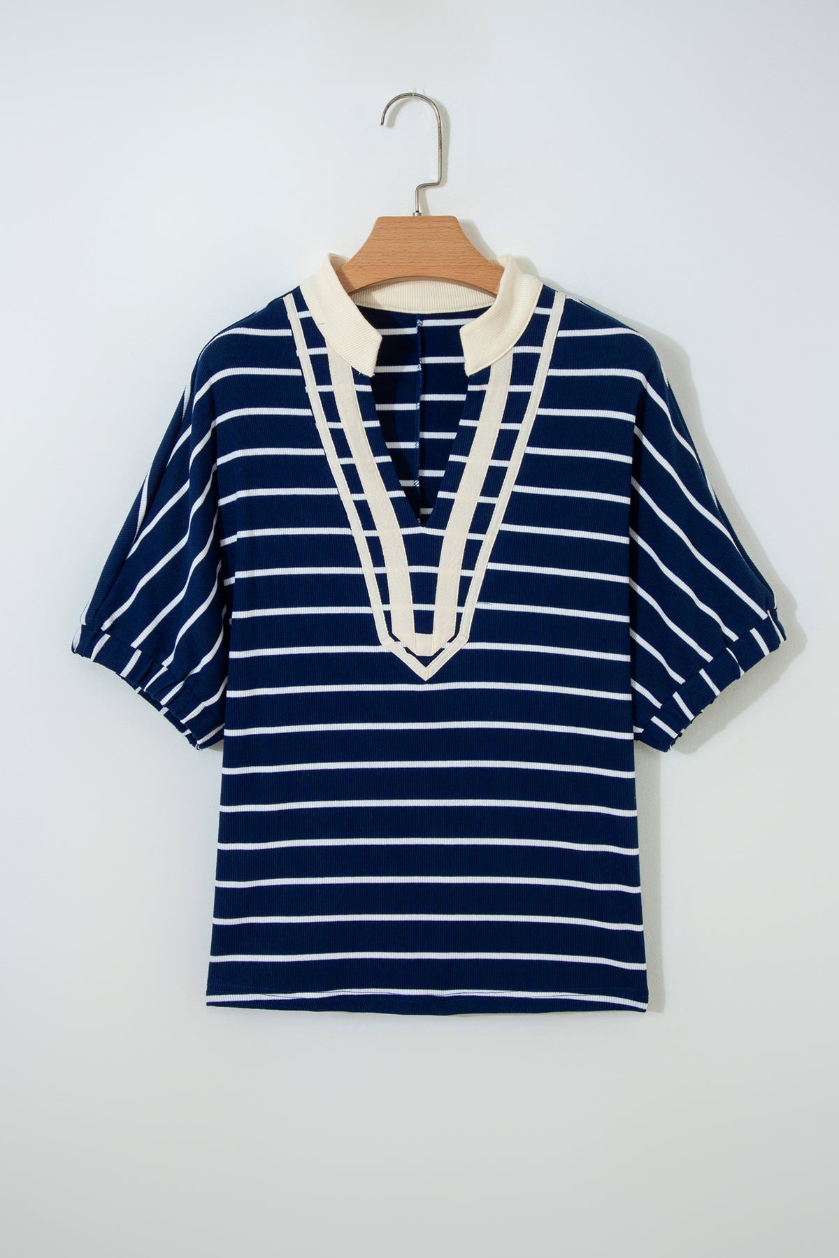 Black stripe dolman top from Dear-Lover with stand collar, V-neck, elastic cuffs, and half sleeves in cotton-elastane fabric.
