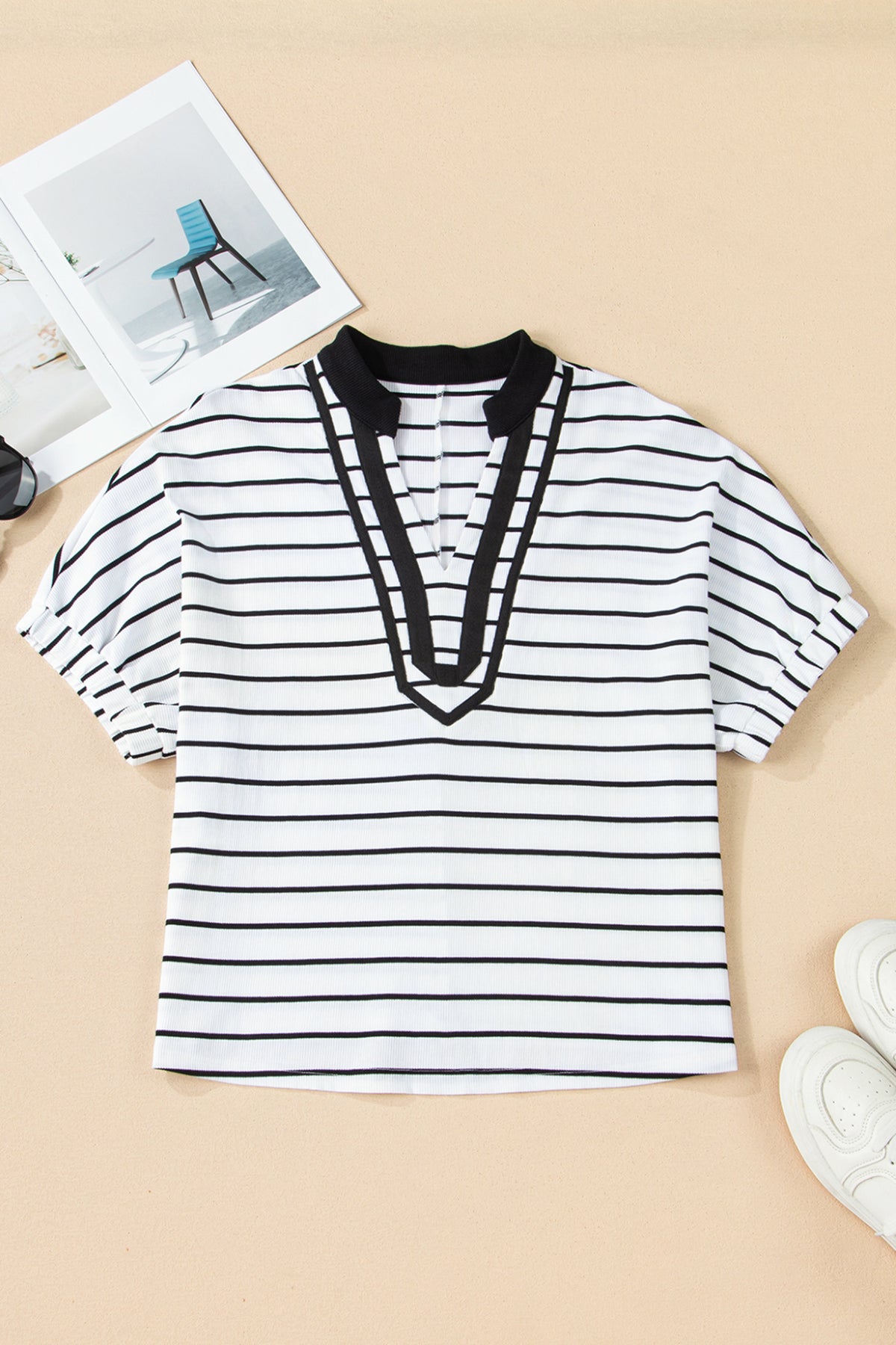 Black stripe Dolman top with stand collar, V-neck, elastic cuffs, and half sleeves, made from 95% cotton and 5% elastane.