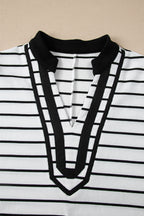 Black stripe Dear-Lover dolman top with stand collar, V-neck, elastic cuffs, half sleeves, made of cotton and elastane.