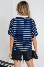 Black stripe Dear-Lover dolman top with stand collar, V-neck, elastic cuffs, and half sleeves, made of cotton and elastane.