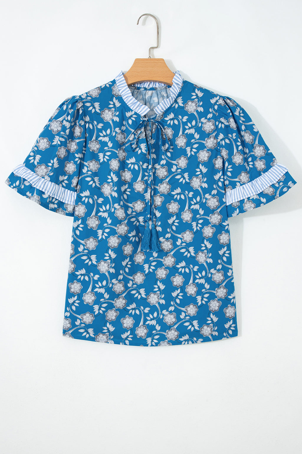 Blue floral print blouse by Dear-Lover with button closure, tie neck, striped detail, short sleeves, made from 100% cotton.