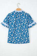 Blue floral print blouse by Dear-Lover with striped detail, short sleeves, button tie neckline, made from 100% cotton.