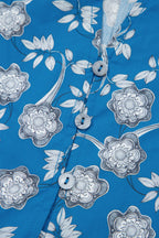 Blue floral print blouse by Dear-Lover with button tie neck, striped detail, short sleeves, made of 100% cotton for women.