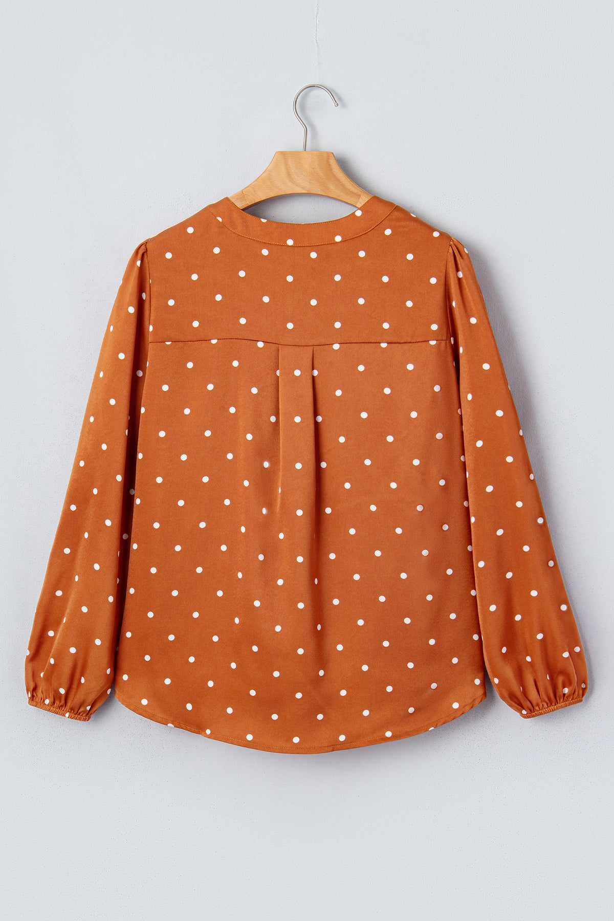 Brown polka dot blouse with half-button V-neck and long sleeves, stylish Dear-Lover top made of lightweight polyester fabric.