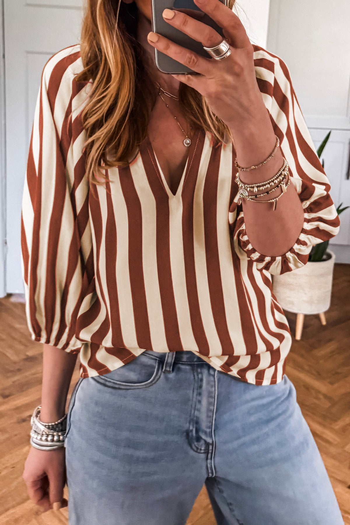 Brown stripe V-neck casual blouse by Dear-Lover, featuring half sleeves and a relaxed, stylish fit.