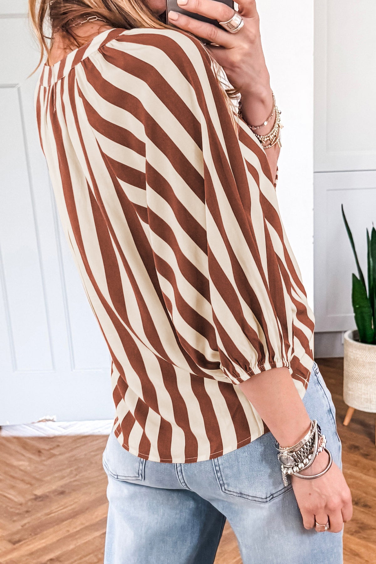 Brown stripe V-neck casual blouse from Dear-Lover Dropshipping featuring half sleeves and a relaxed fit, perfect for everyday wear.