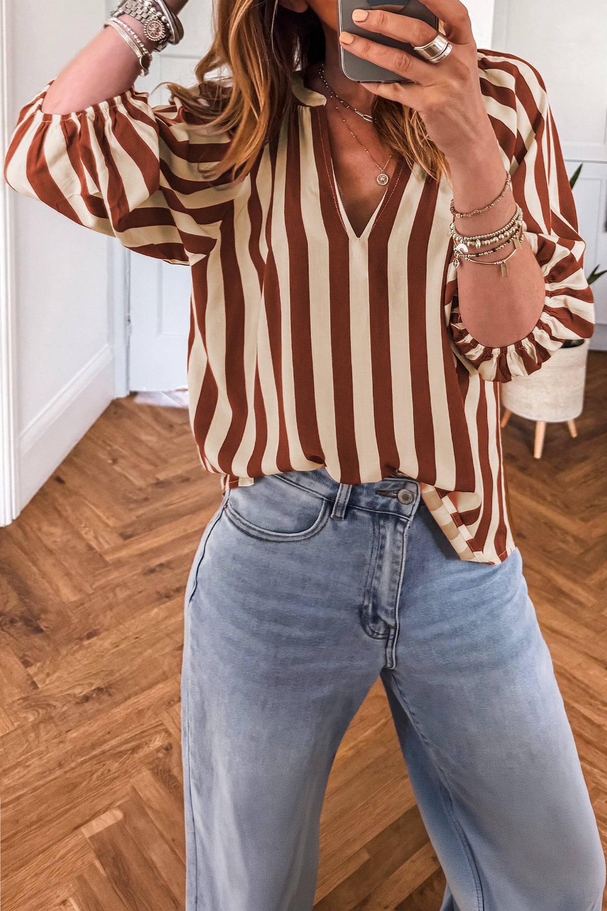 Brown stripe V-neck casual blouse from Dear-Lover with half sleeves, stylish and comfortable for everyday wear.