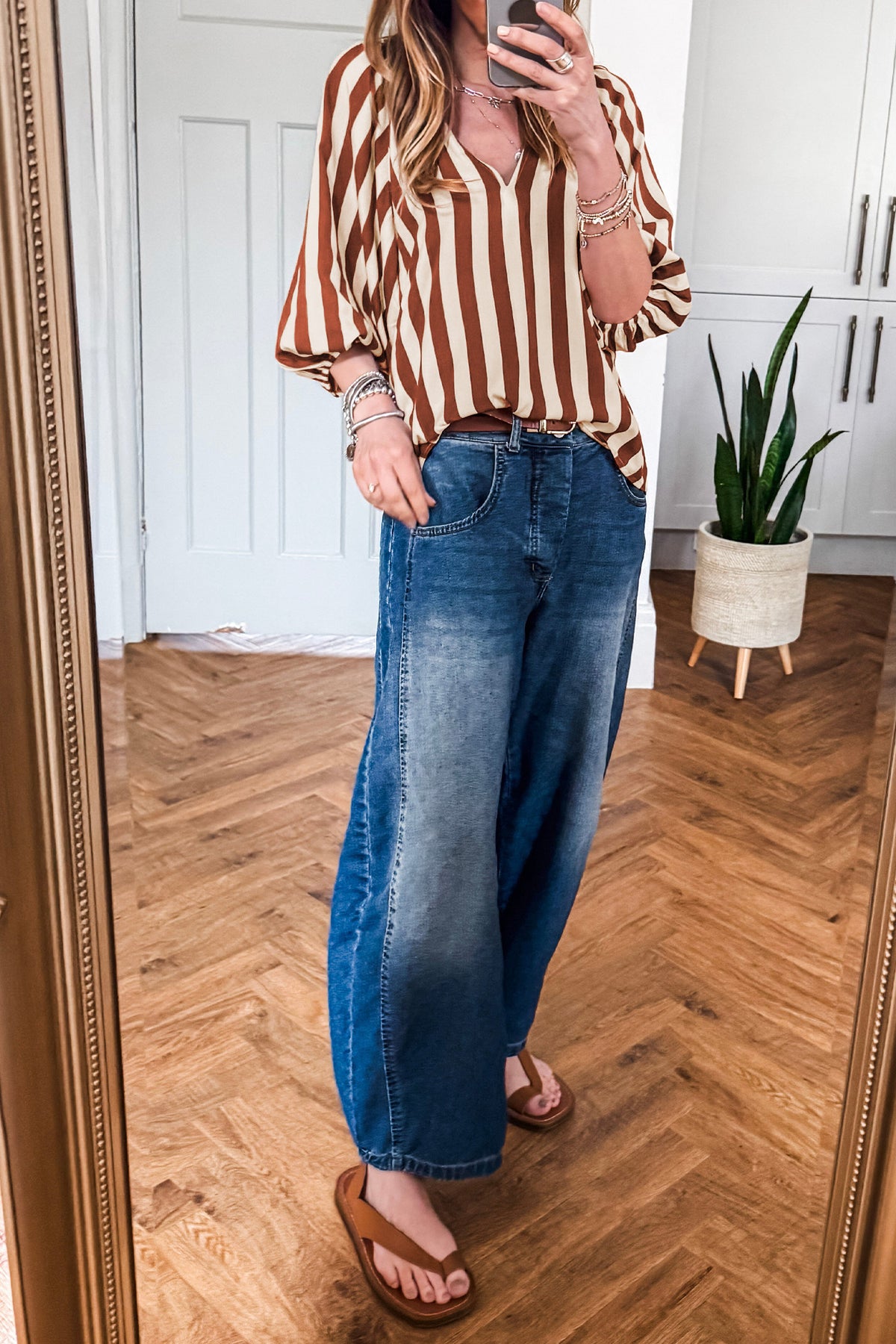 Brown stripe V-neck casual blouse with half sleeves from Dear-Lover, featuring a stylish and comfortable top design.