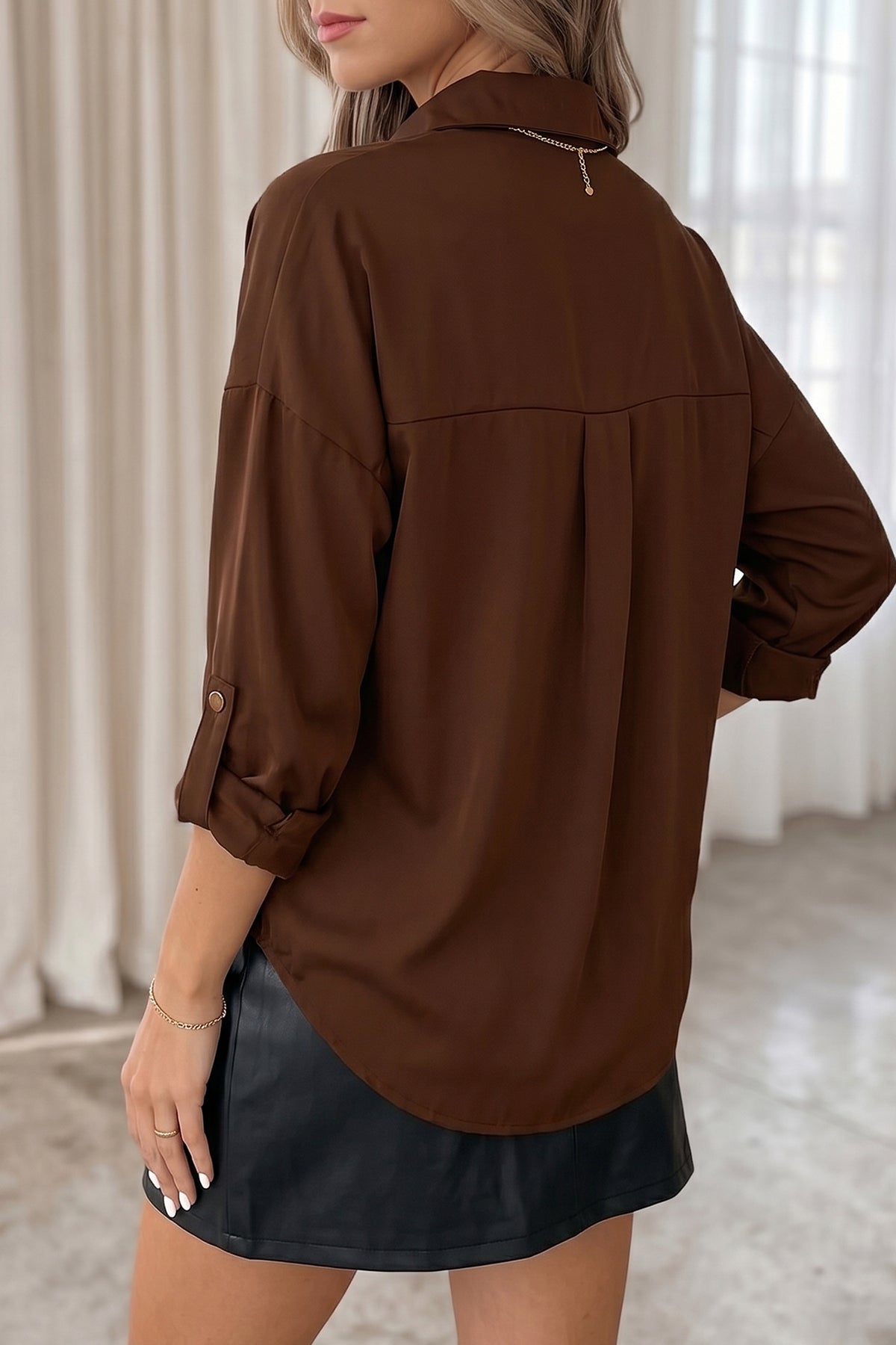 Dear-Lover Coffee multi-button long sleeve casual shirt with tab decoration, made of polyester and elastane, stylish and comfortable.