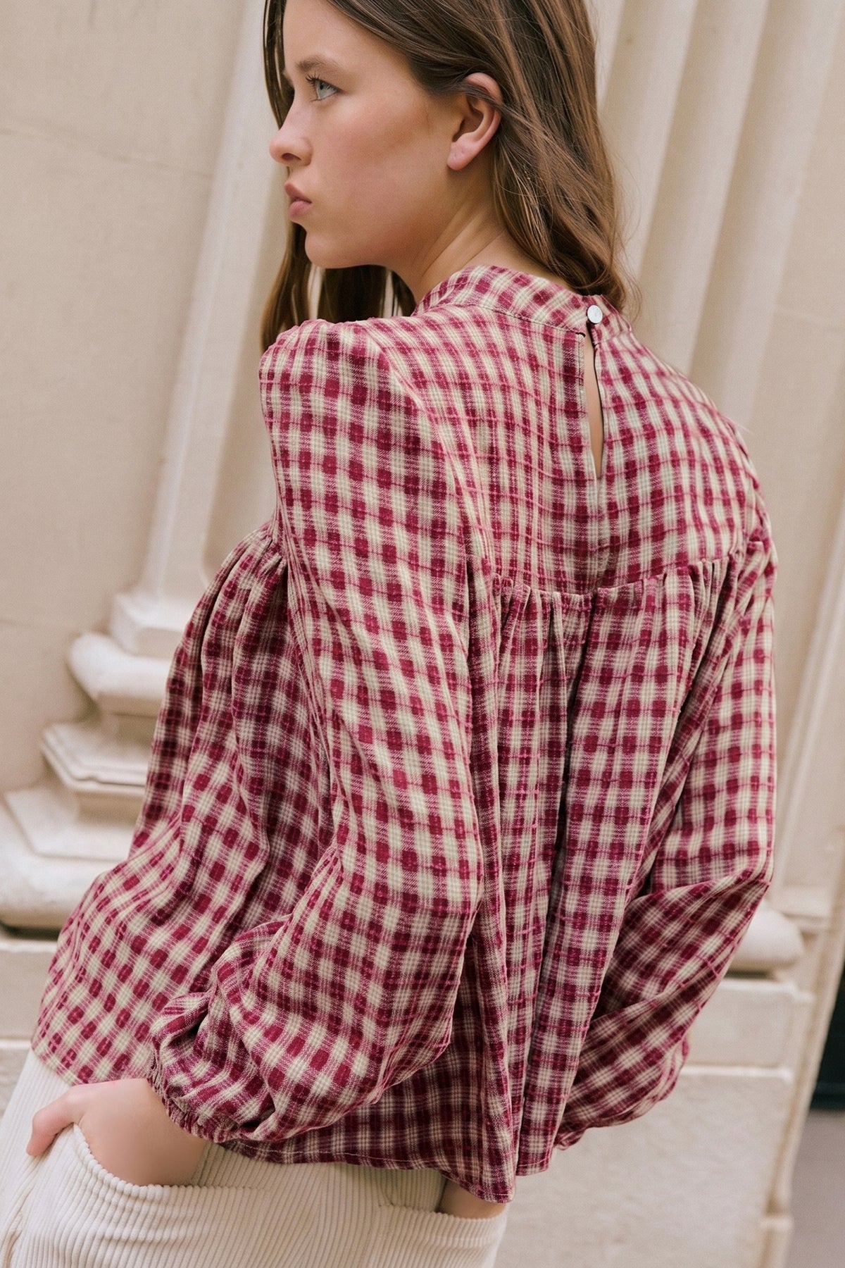 Coral country plaid long sleeve blouse by Dear-Lover with button front, keyhole neckline, pleated loose fit, perfect for casual wear.