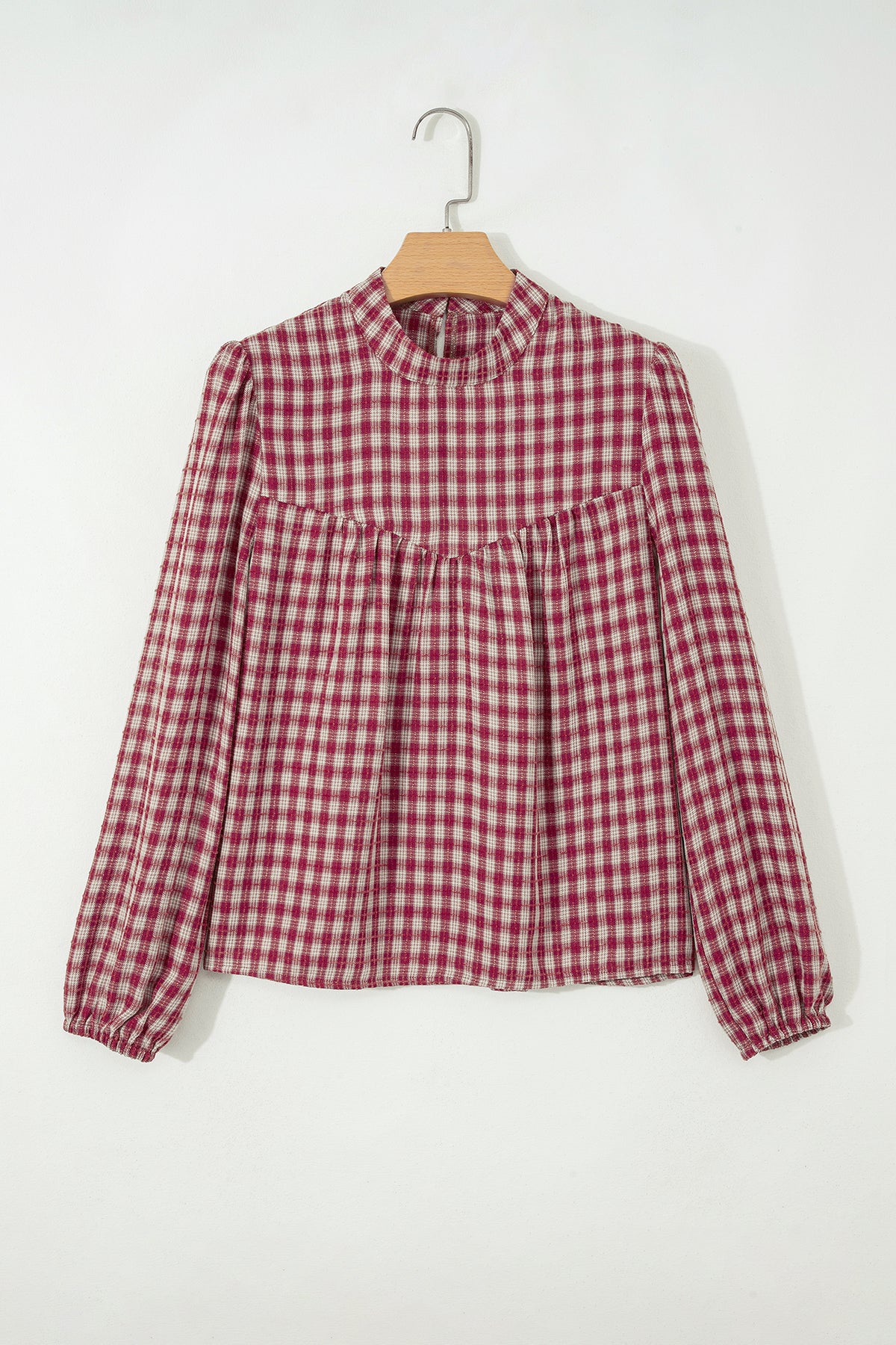Coral country plaid long sleeve blouse by Dear-Lover with button keyhole detail and pleated, loose fit, made from polyester and viscose.