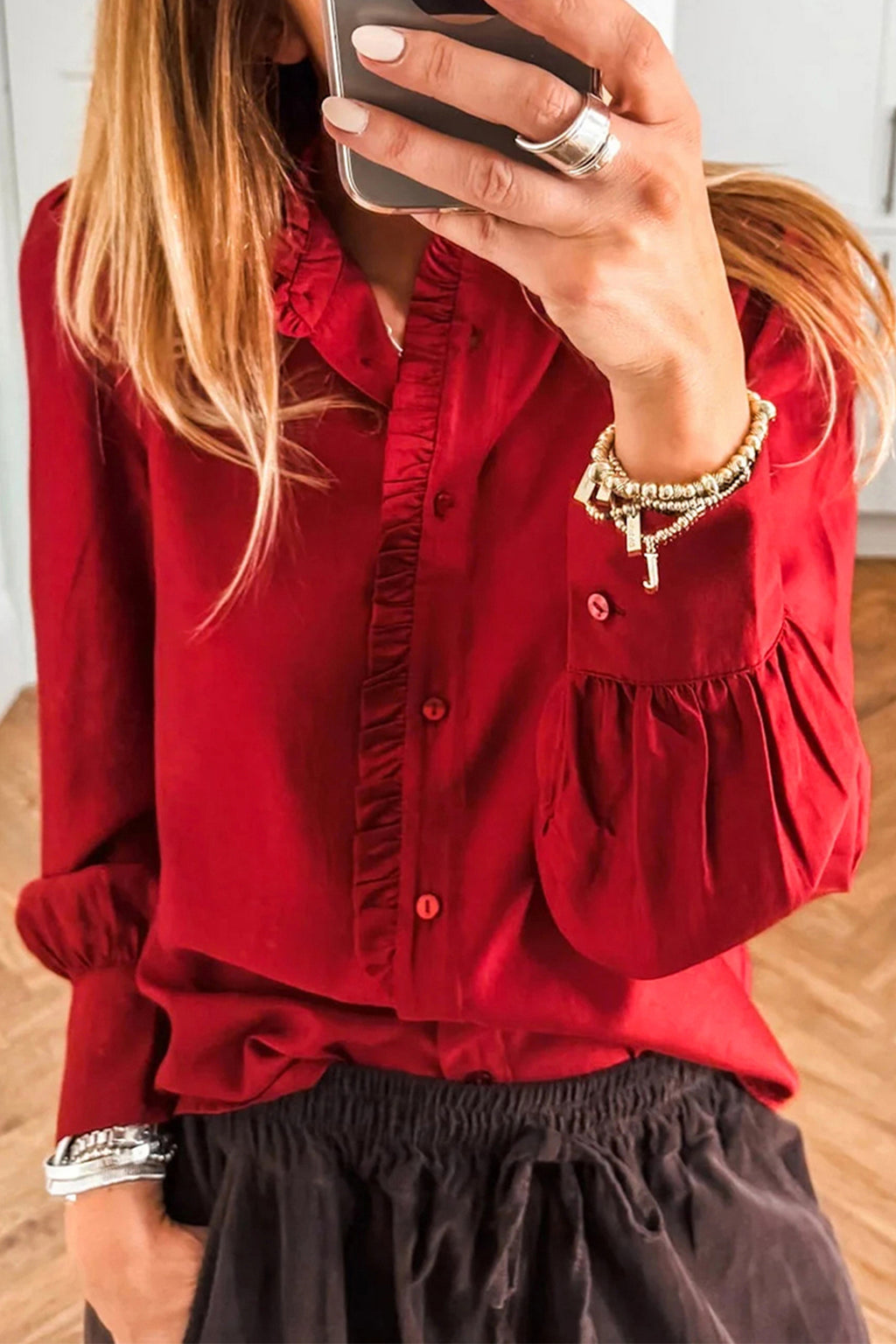 Fiery red pleated long sleeve shirt with frilled trim and button-up front, made of 100% polyester, by Dear-Lover.