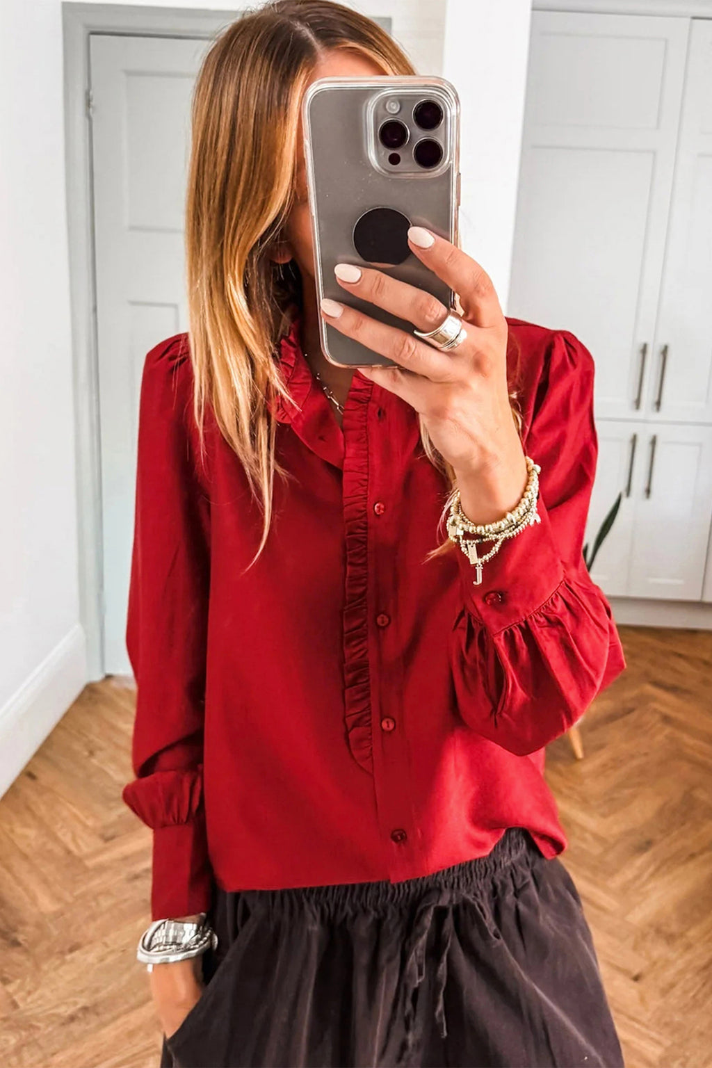 Fiery red long sleeve blouse with frilled trim, button-up front, pleated design, made of polyester by Dear-Lover.
