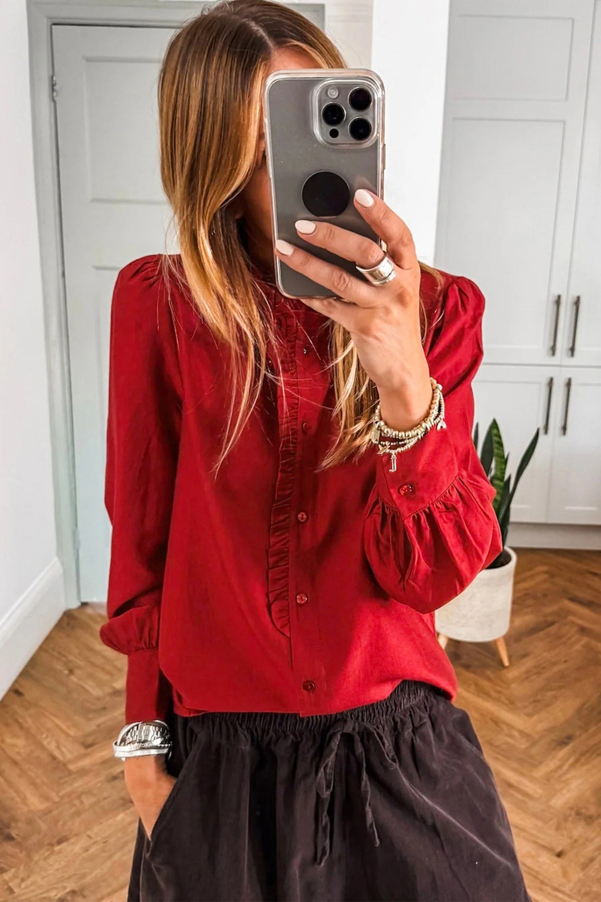 Fiery red long sleeve blouse with frilled trim, button-up front, pleated design, made of polyester, by Dear-Lover.