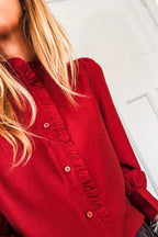 Fiery red long sleeve blouse with frilled trim, button-up front, pleated design, made of polyester, by Dear-Lover.