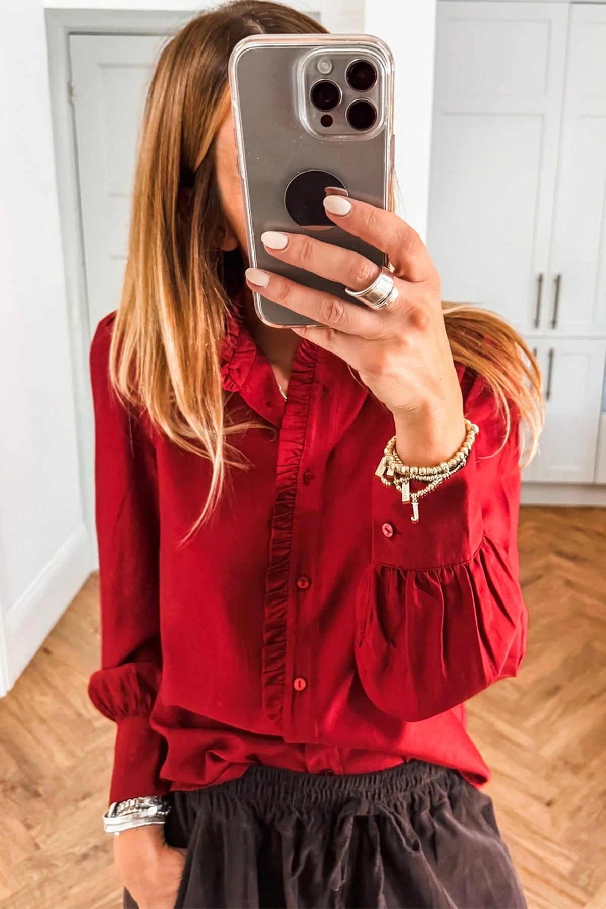 Fiery red long sleeve blouse with frilled trim, button-up front, and pleated design by Dear-Lover, made of lightweight polyester fabric.