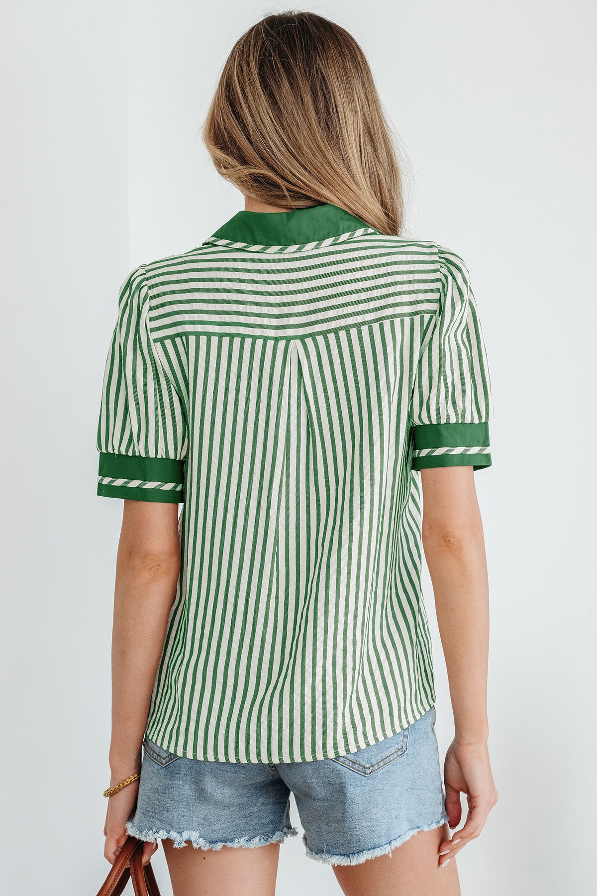 Green stripe collared blouse with split neck and short bubble sleeves, made by Dear-Lover Dropshipping, perfect for casual or office wear.