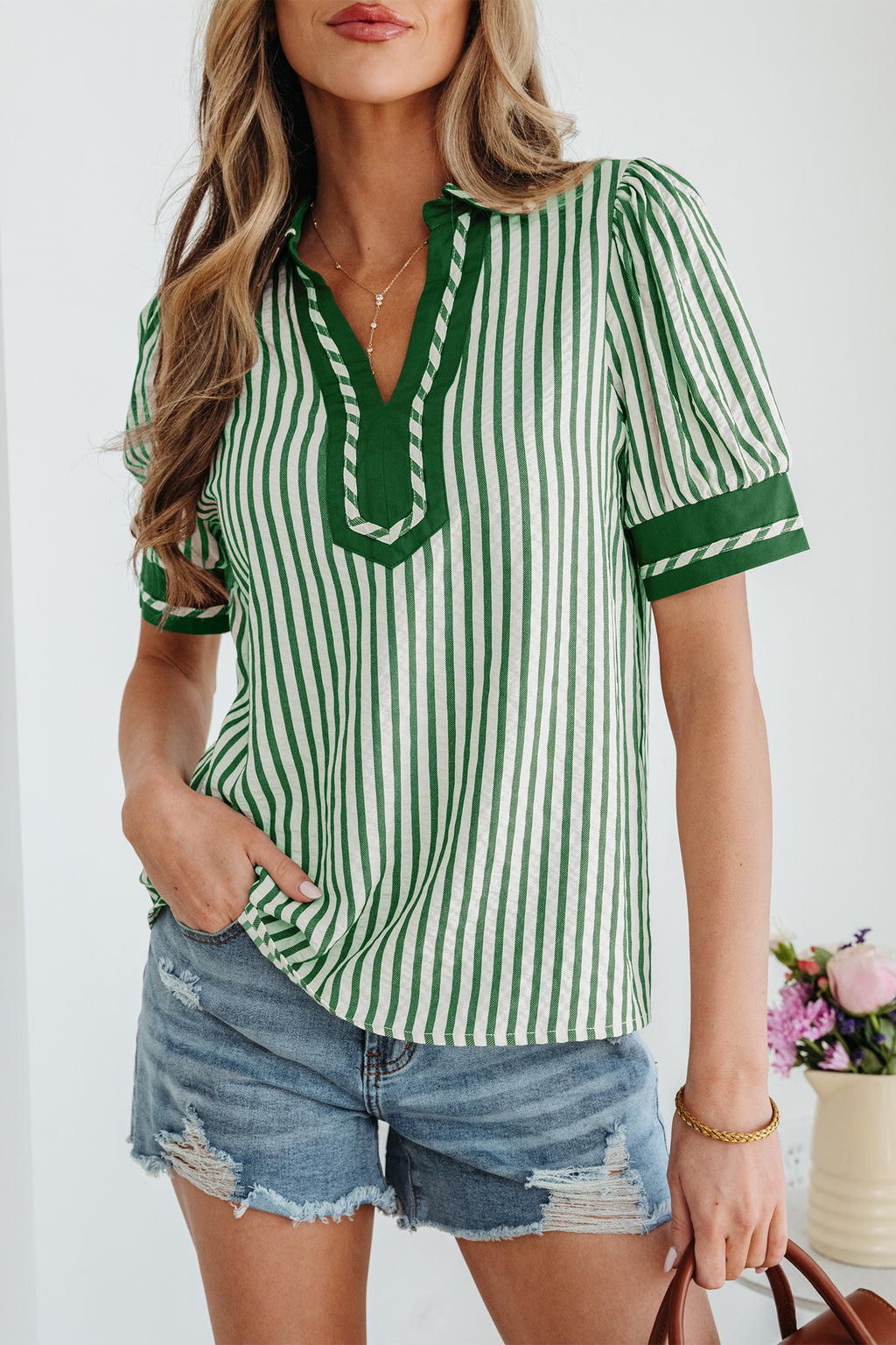 Green stripe collared blouse with split neck and short bubble sleeves, made of polyester and viscose, by Dear-Lover.