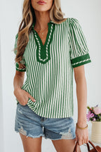 Green stripe collared blouse with split neck and short bubble sleeves, made of polyester and viscose, by Dear-Lover.