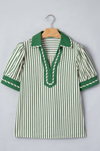 Green striped collared blouse with split neck and short bubble sleeves, made of polyester and viscose, by Dear-Lover.