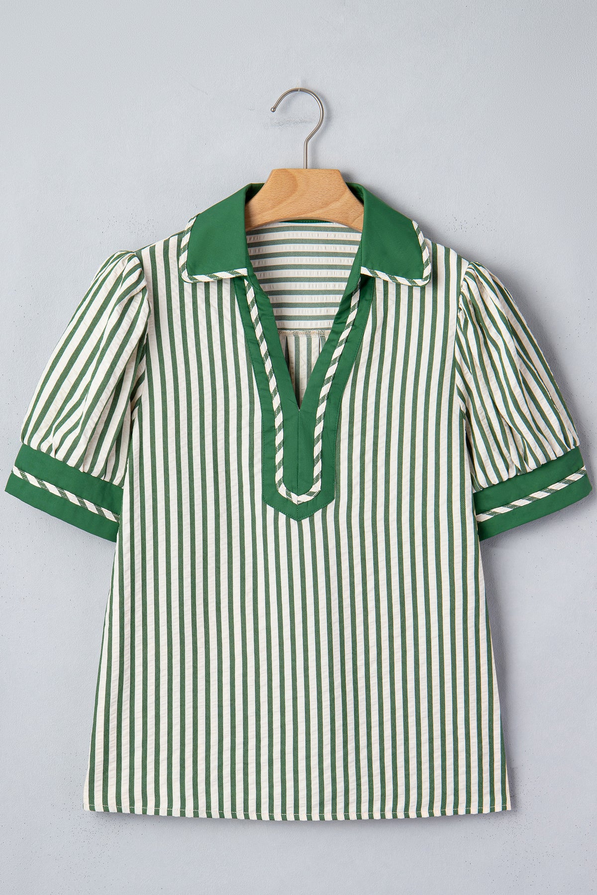 Green striped collared blouse with split neck and short bubble sleeves, made of polyester and viscose, by Dear-Lover.